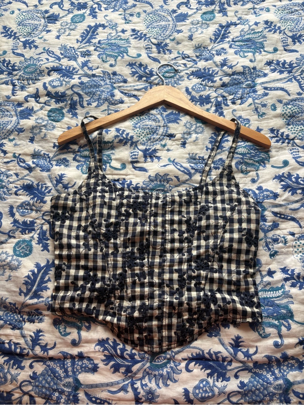 Olivaceous Blue & White Gingham Embroidered Cami